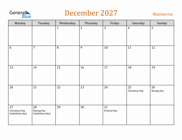 December 2027 Holiday Calendar with Monday Start