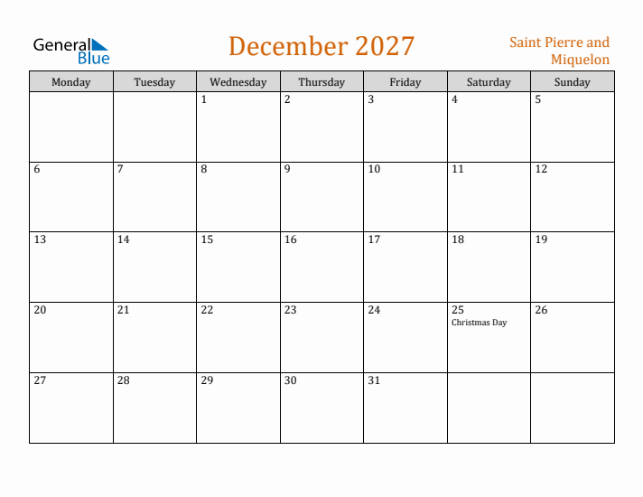 December 2027 Holiday Calendar with Monday Start