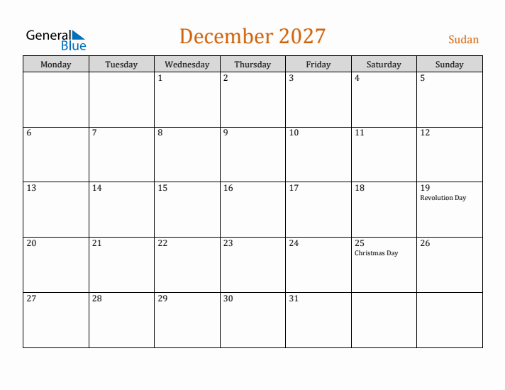 December 2027 Holiday Calendar with Monday Start