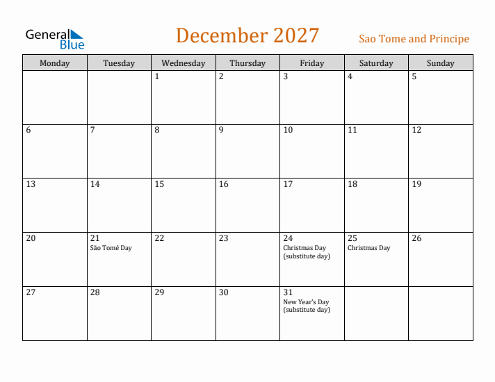 December 2027 Holiday Calendar with Monday Start