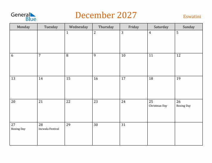 December 2027 Holiday Calendar with Monday Start