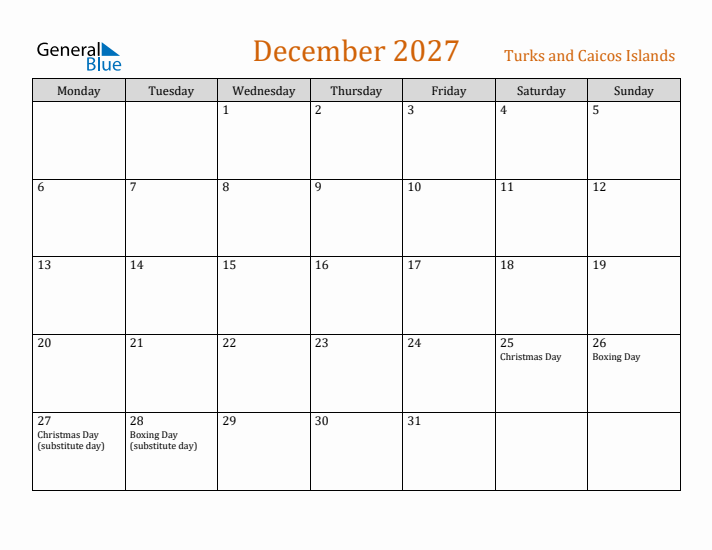 December 2027 Holiday Calendar with Monday Start