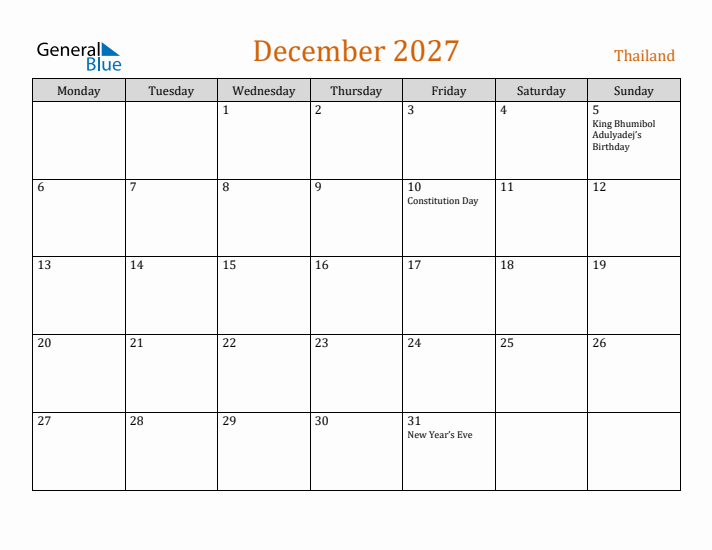 December 2027 Holiday Calendar with Monday Start