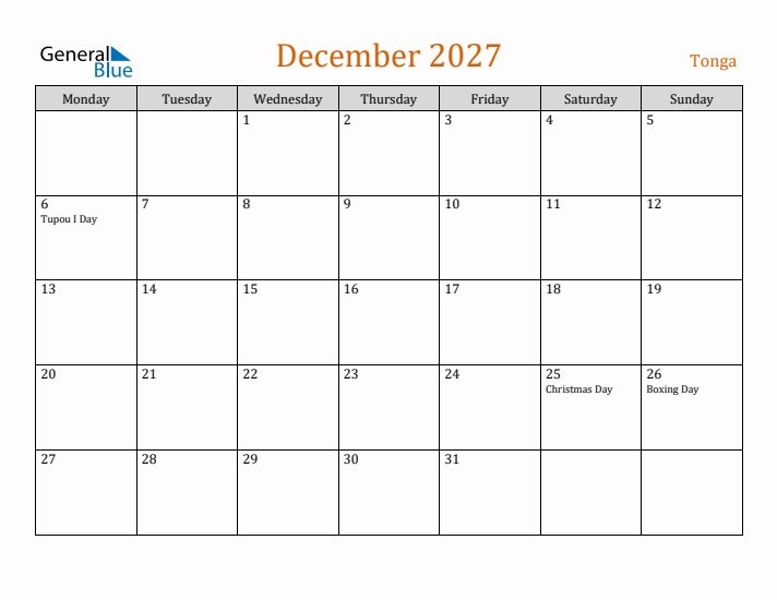 December 2027 Holiday Calendar with Monday Start