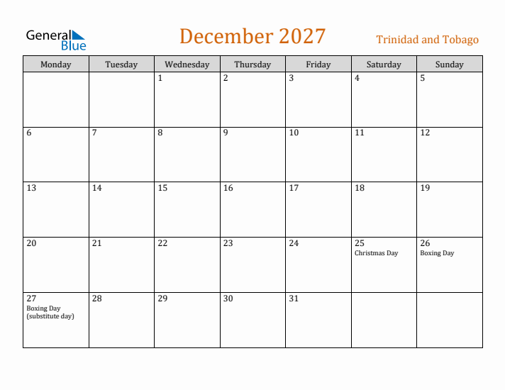 December 2027 Holiday Calendar with Monday Start