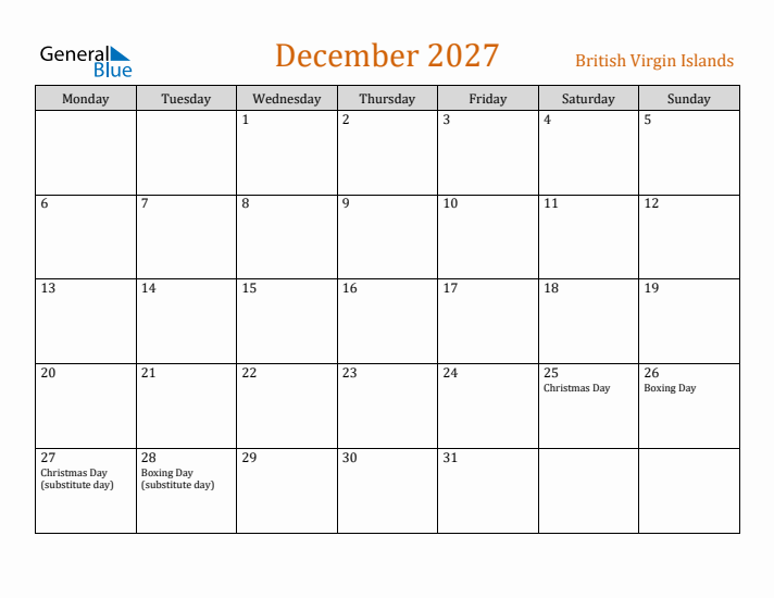 December 2027 Holiday Calendar with Monday Start