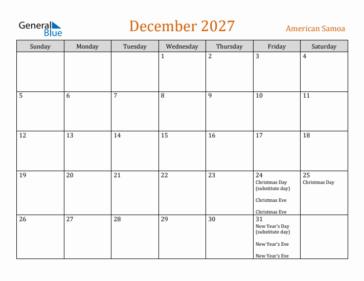 December 2027 Holiday Calendar with Sunday Start