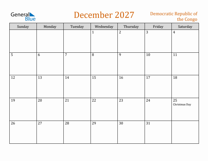 December 2027 Holiday Calendar with Sunday Start