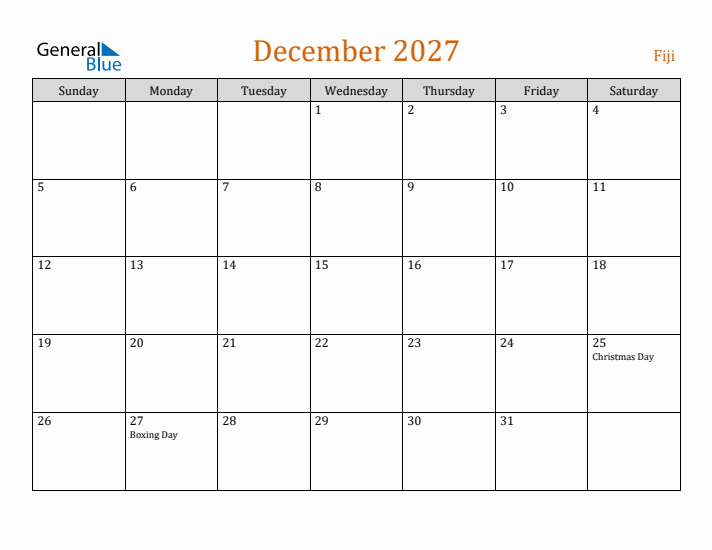 December 2027 Holiday Calendar with Sunday Start