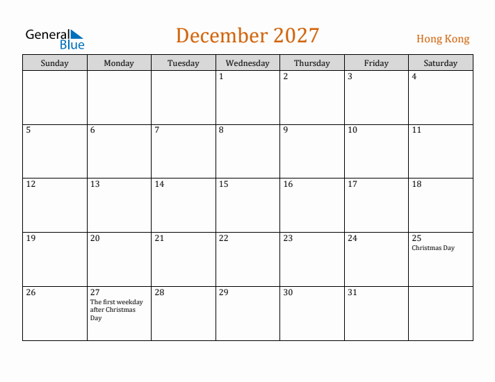 December 2027 Holiday Calendar with Sunday Start