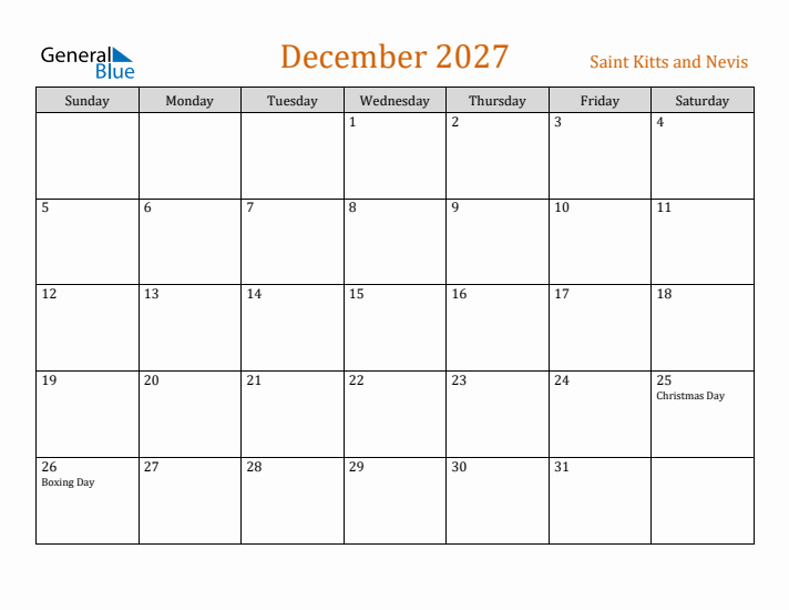 December 2027 Holiday Calendar with Sunday Start