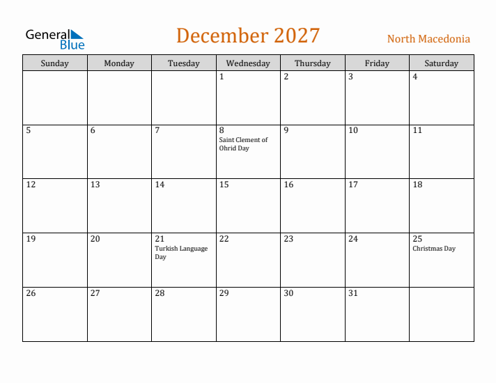 December 2027 Holiday Calendar with Sunday Start