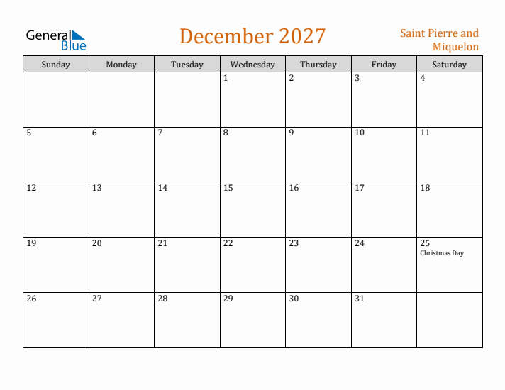 December 2027 Holiday Calendar with Sunday Start