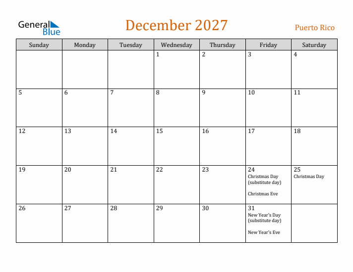 December 2027 Holiday Calendar with Sunday Start