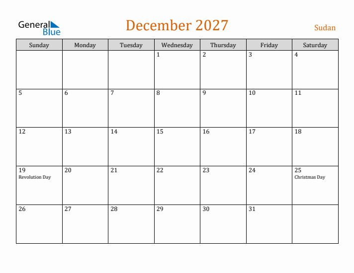 December 2027 Holiday Calendar with Sunday Start