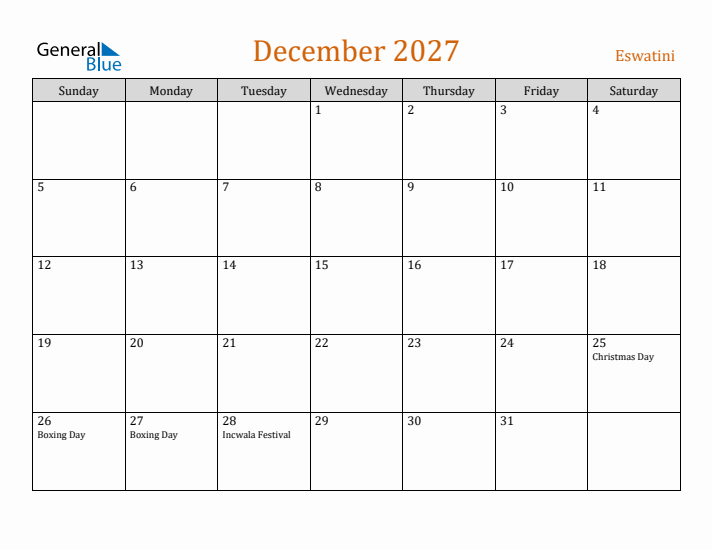 December 2027 Holiday Calendar with Sunday Start