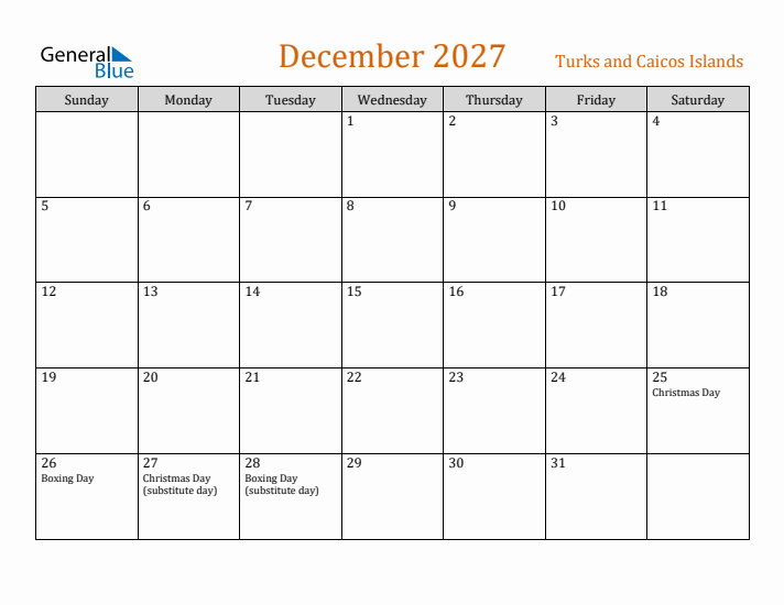 December 2027 Holiday Calendar with Sunday Start