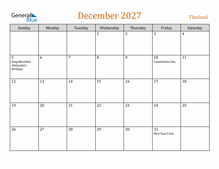December 2027 Holiday Calendar with Sunday Start