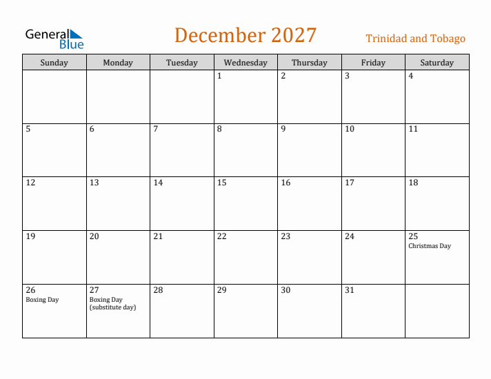 December 2027 Holiday Calendar with Sunday Start