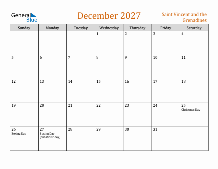 December 2027 Holiday Calendar with Sunday Start