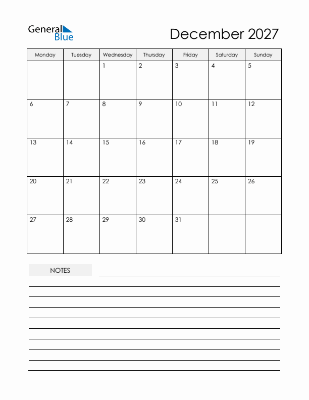 Printable Calendar with Notes - December 2027