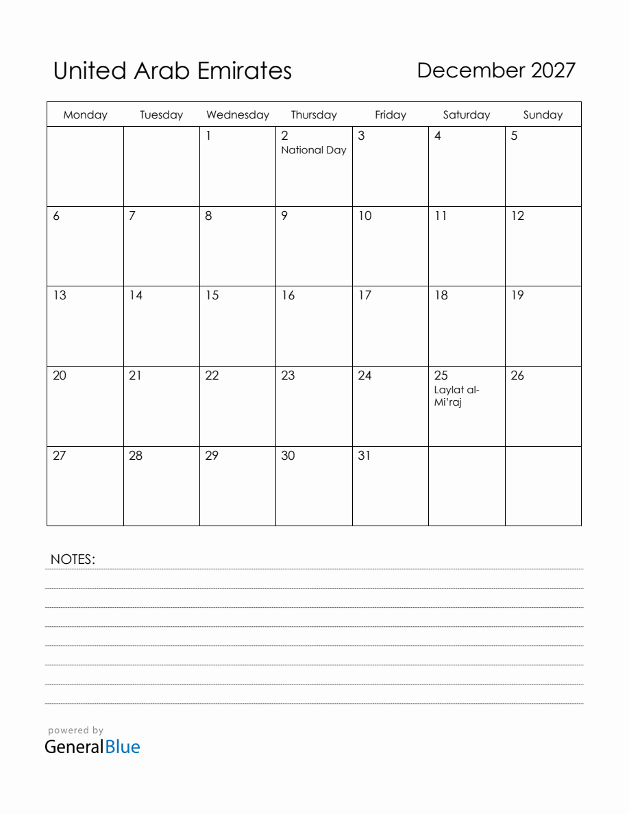 December 2027 United Arab Emirates Calendar with Holidays (Monday Start)