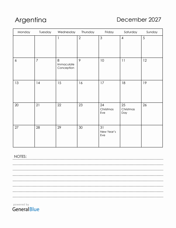 December 2027 Argentina Calendar with Holidays (Monday Start)