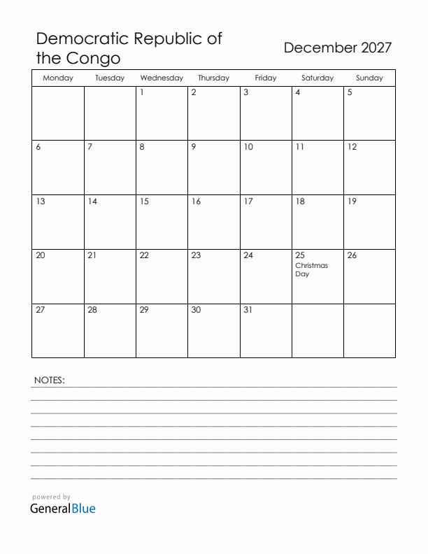 December 2027 Democratic Republic of the Congo Calendar with Holidays (Monday Start)