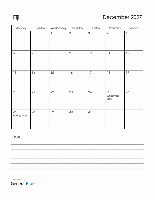 December 2027 Fiji Calendar with Holidays (Monday Start)