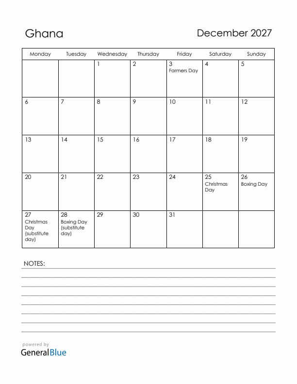 December 2027 Ghana Calendar with Holidays (Monday Start)