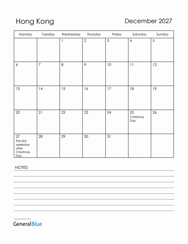 December 2027 Hong Kong Calendar with Holidays (Monday Start)