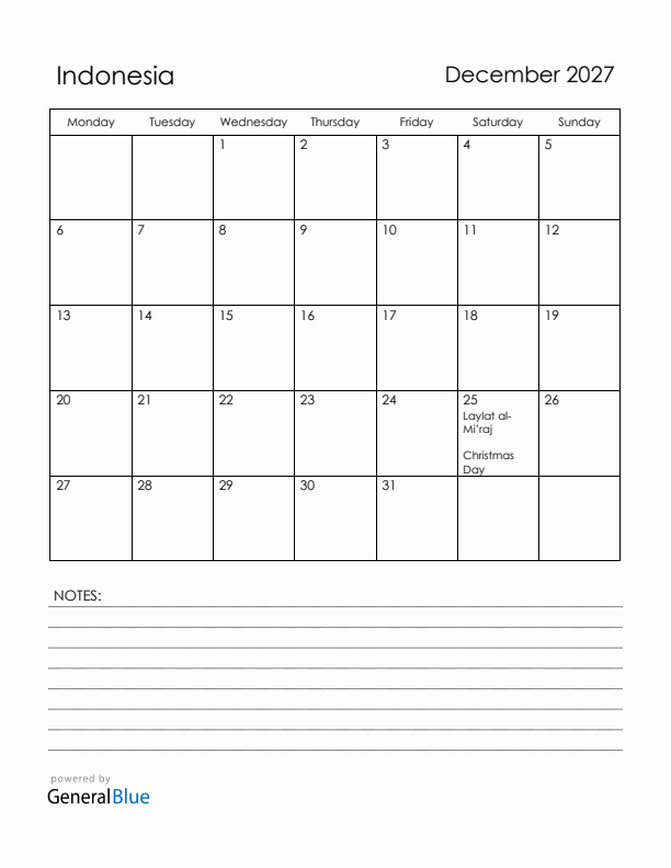 December 2027 Indonesia Calendar with Holidays (Monday Start)