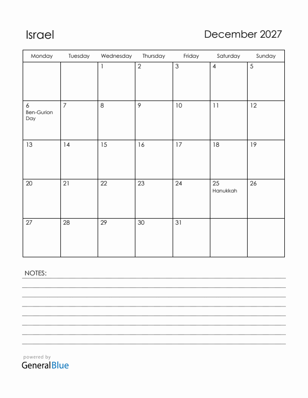 December 2027 Israel Calendar with Holidays (Monday Start)