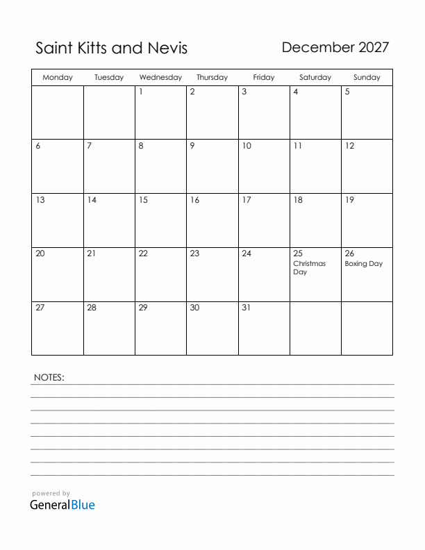 December 2027 Saint Kitts and Nevis Calendar with Holidays (Monday Start)