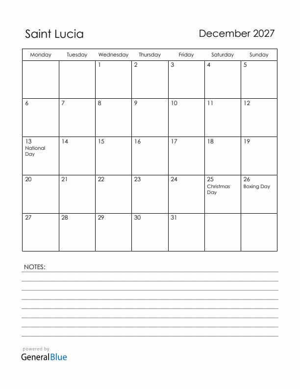 December 2027 Saint Lucia Calendar with Holidays (Monday Start)