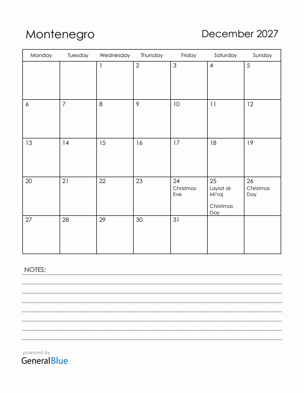 December 2027 Montenegro Calendar with Holidays (Monday Start)