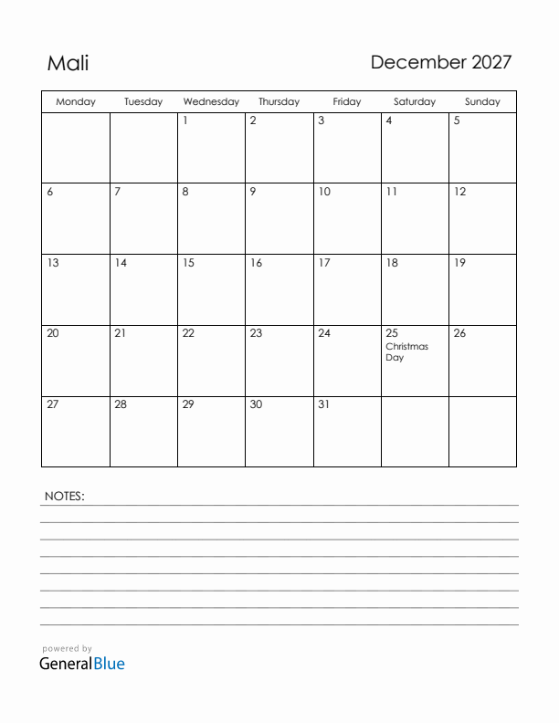 December 2027 Mali Calendar with Holidays (Monday Start)