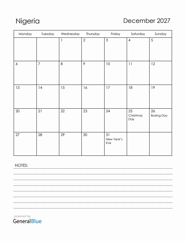 December 2027 Nigeria Calendar with Holidays (Monday Start)