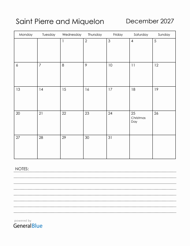 December 2027 Saint Pierre and Miquelon Calendar with Holidays (Monday Start)