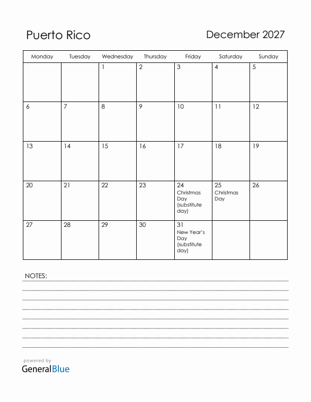 December 2027 Puerto Rico Calendar with Holidays (Monday Start)