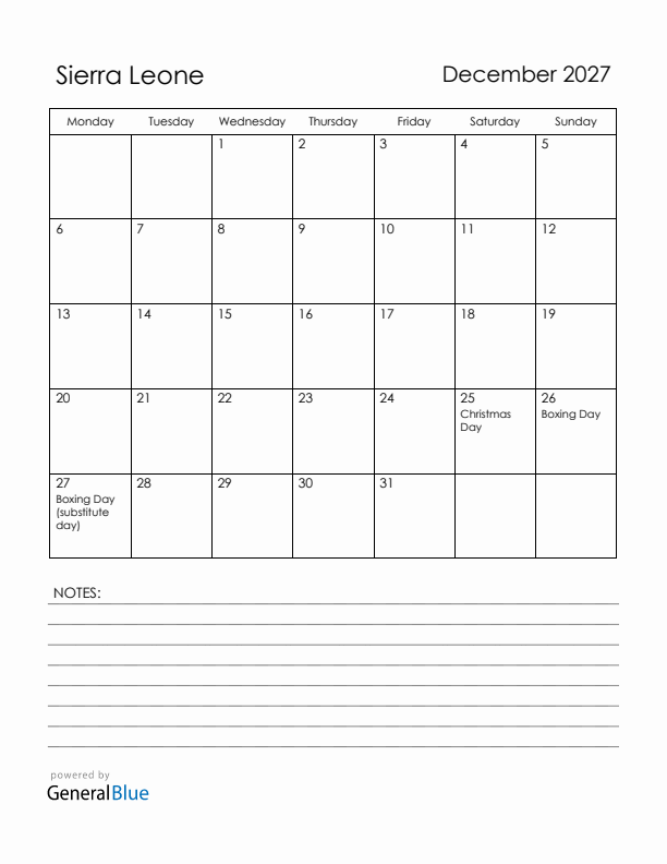 December 2027 Sierra Leone Calendar with Holidays (Monday Start)