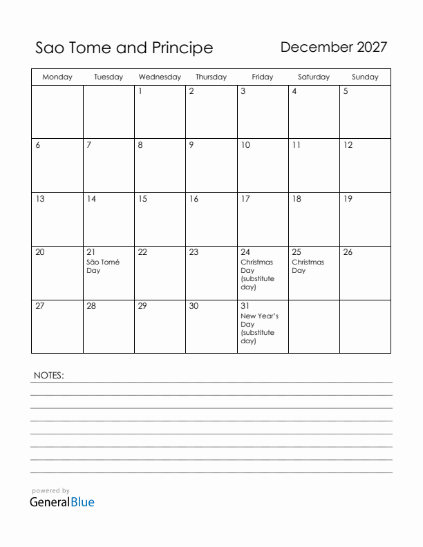 December 2027 Sao Tome and Principe Calendar with Holidays (Monday Start)