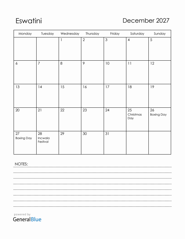 December 2027 Eswatini Calendar with Holidays (Monday Start)