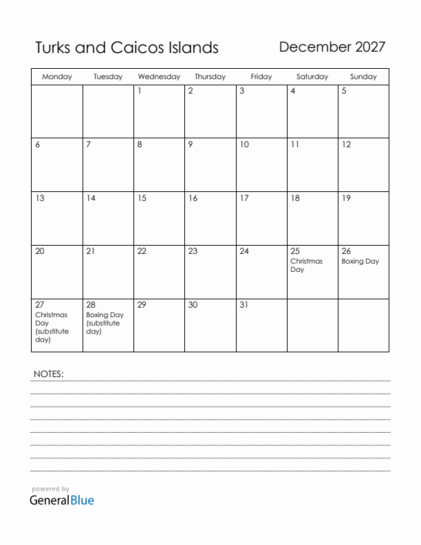 December 2027 Turks and Caicos Islands Calendar with Holidays (Monday Start)