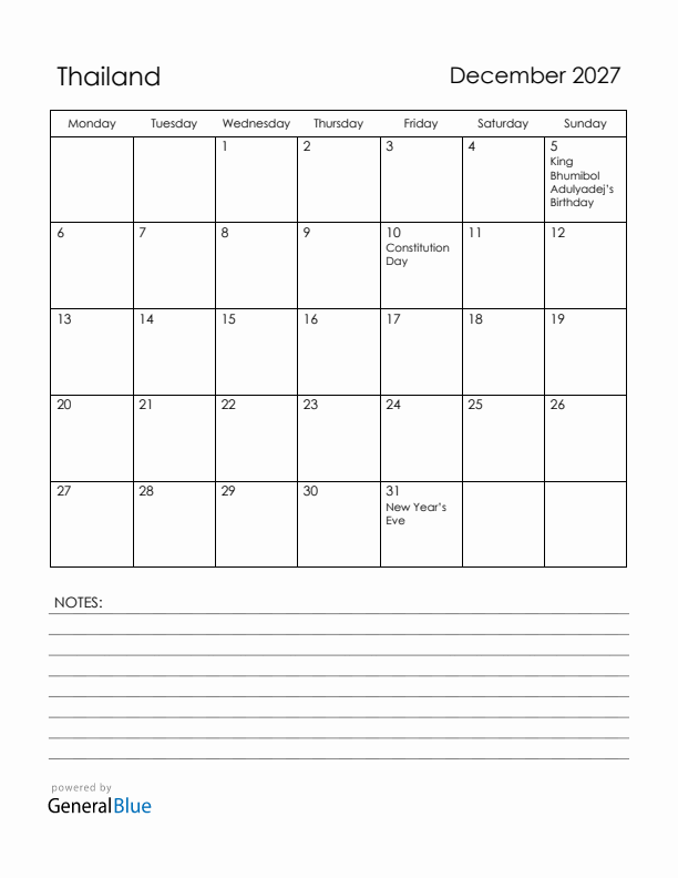 December 2027 Thailand Calendar with Holidays (Monday Start)