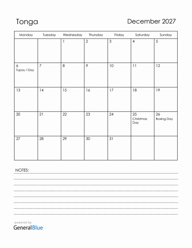 December 2027 Tonga Calendar with Holidays (Monday Start)