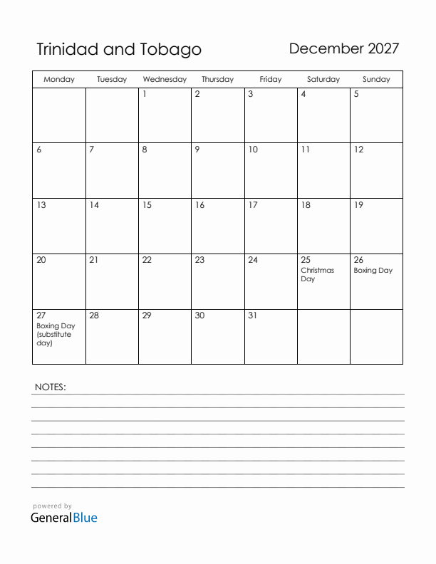 December 2027 Trinidad and Tobago Calendar with Holidays (Monday Start)