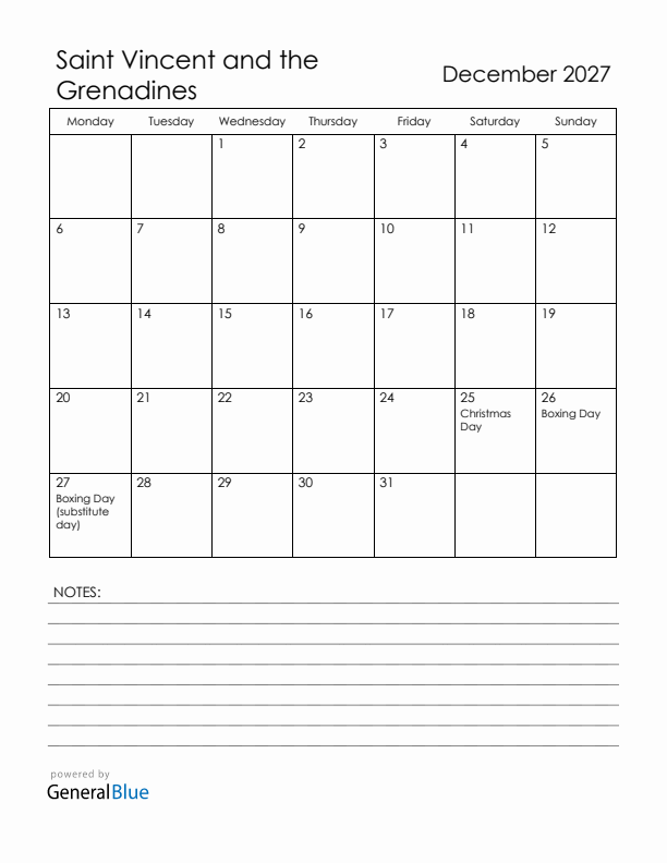 December 2027 Saint Vincent and the Grenadines Calendar with Holidays (Monday Start)