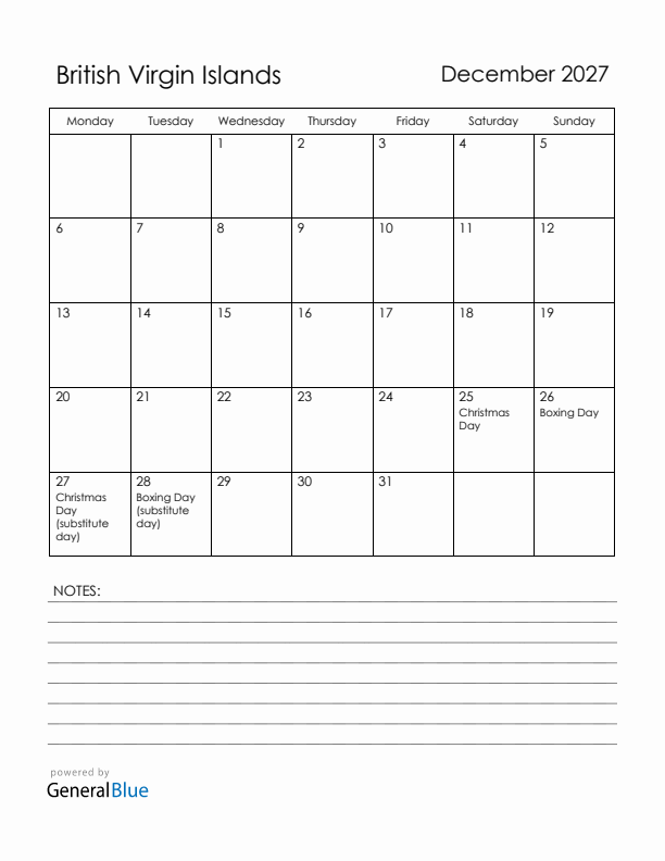 December 2027 British Virgin Islands Calendar with Holidays (Monday Start)