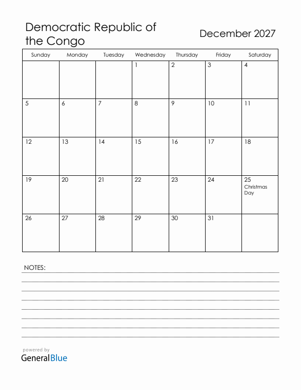 December 2027 Democratic Republic of the Congo Calendar with Holidays (Sunday Start)